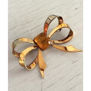 Vintage Gold-tone Citrine Colored Stone Large Bow Brooch